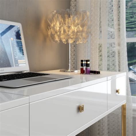 White 2-in-1 Makeup Vanity with Flip Top Mirror & 4 Drawers Modern Wri ...