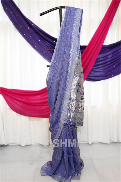Slate Blue Handloom Silk Tissue Linen Peacock Paithani Pallu Saree – Vishmi