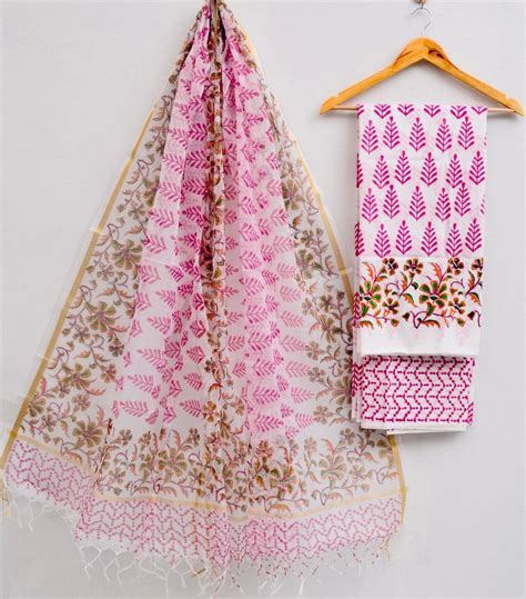 Kota Doria Cotton Hand Block Print Salwar Suit - Leheriya.com