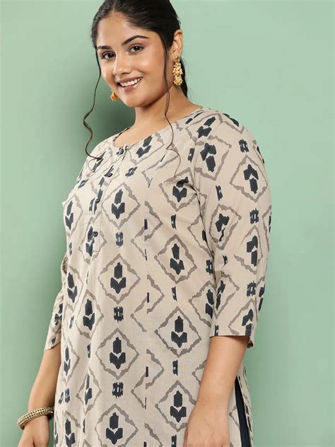 Beige & Navy Blue Printed Pure Cotton Plus Size Kurta – Yufta Store