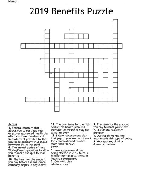 2019 Benefits Puzzle Crossword - WordMint