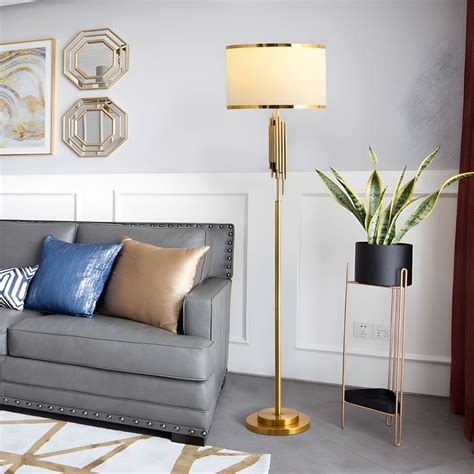 Modern Gold Floor Lamp with White Fabric Shade and Foot Switch - 1 ...