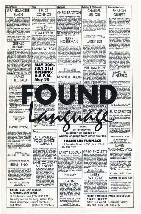Gallery 98 | Franklin Furnace, Found Language Performance Night with David Wojnarowicz and Pope ...
