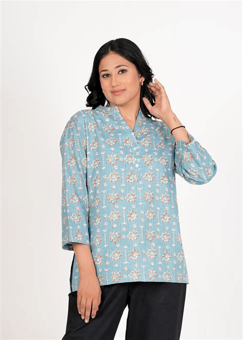 Moonstone Blue Katha Cotton Print Short Straight Kurta – ASRAJ CLOTHING