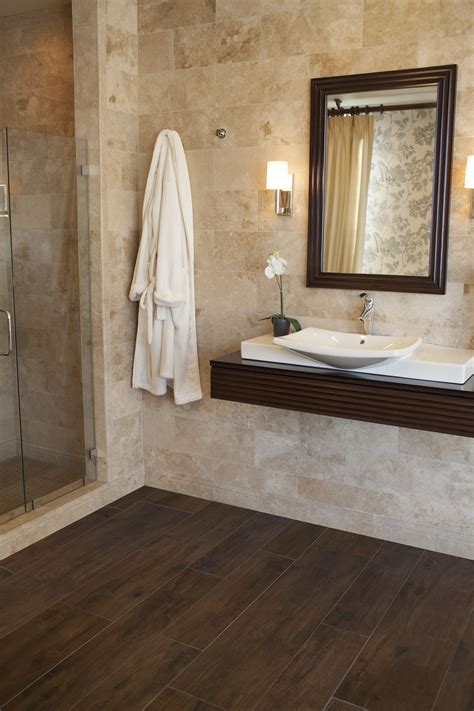 A Beautiful Bathroom With Wood Tile - Home Tile Ideas