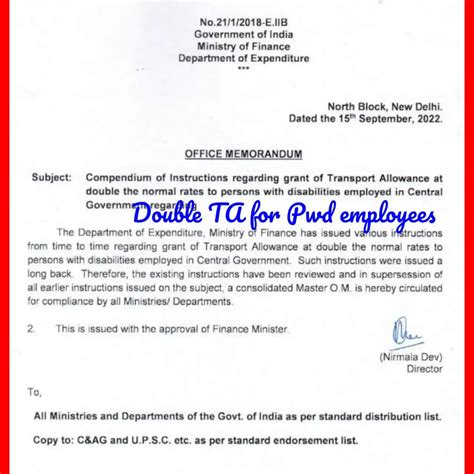 Double the Rate of Transport Allowance (TA) OM for persons with ...