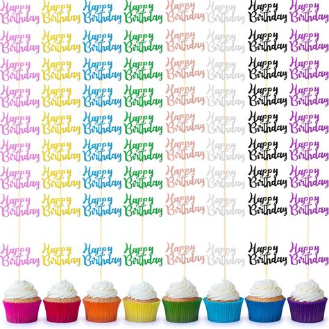 Boao 64 Pieces Happy Birthday Cupcake Toppers Glitter Birthday Cake ...