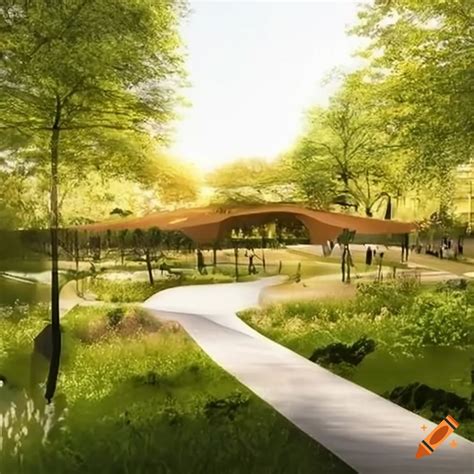 Modern urban park design with green spaces and recreational areas