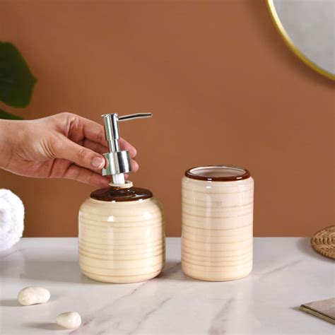 Contemporary Stoneware Bath Set Of 2 Beige Brown Online - Premium Bath ...