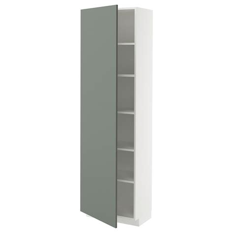 METOD high cabinet with shelves, white/Nickebo matt grey-green ...