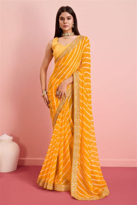 Buy Picasso Yellow Georgette Lehriya Silk saree Online - MySilkLove