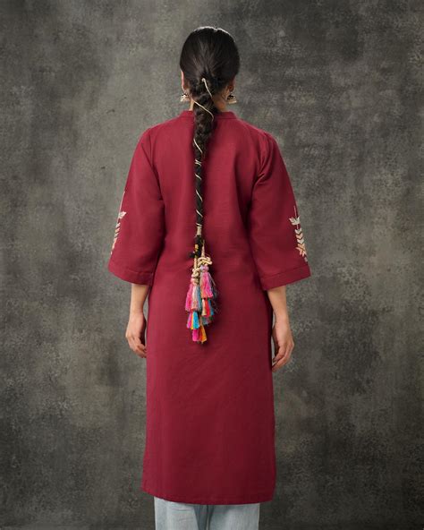 Pure Cotton Linen Hand Embroidered Phulkari Kurti - Aesthetic Maroon ...