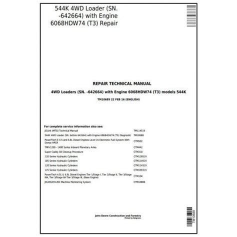 John Deere 544K Loader Repair Manual TM10689 (SN