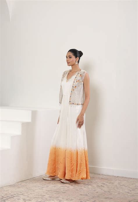 Ivory with Orange Satin Organza Jumpsuit with cape – Sunanta Madaan ...