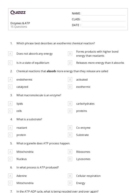 50+ enzymes worksheets for 12th Class on Quizizz | Free & Printable
