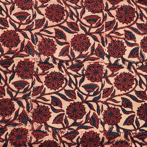 (PRE-CUT 1 METER) Pure Cotton Gad Ajrak Rust Red With Cream Flower Jaa ...