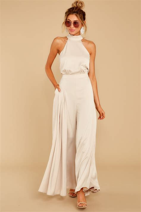 Angelic Beige Jumpsuit - Halter Top Wide Leg Jumper - Playsuit - $56 ...