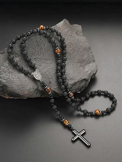 Men's Black Lava Stone and Tiger Eye Cross Pendant Necklace – Stainless ...