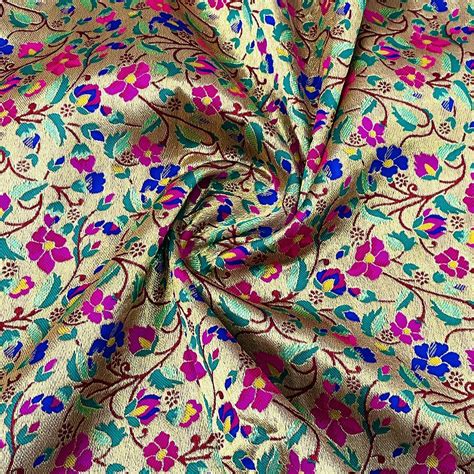 Buy Classic Golden Blue Floral Brocade Jacquard Fabric Online ...