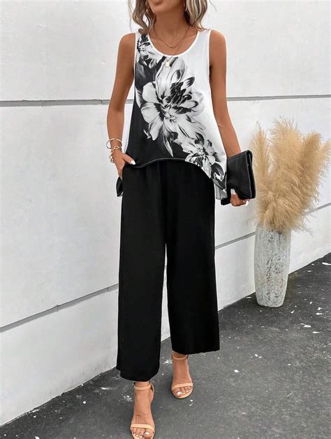 EMERY ROSE Floral Print Asymmetrical Hem Tank Top & Wide Leg Pants ...