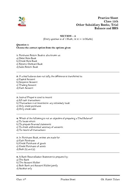 Practice Sheet Class 11th: Other Subsidiary Books, Trial Balance & BRS ...