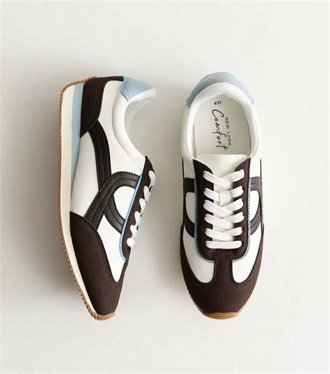 White and Brown Faux Leather Contrast Cross Panel Trainers | New Look