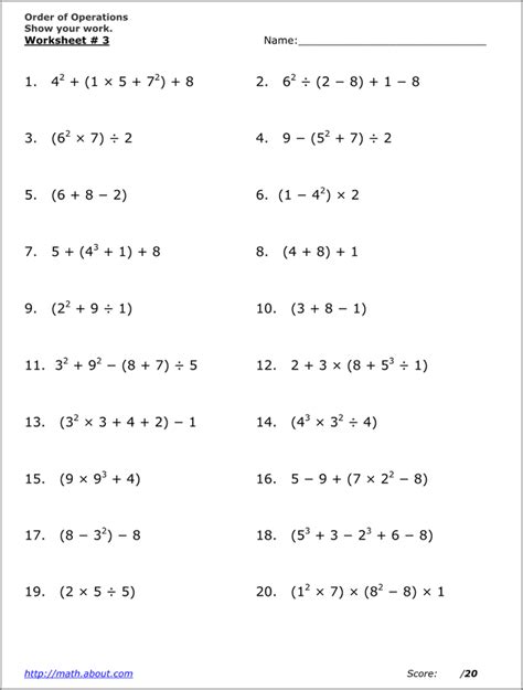 Image result for Order of Operations Worksheet Math Aids