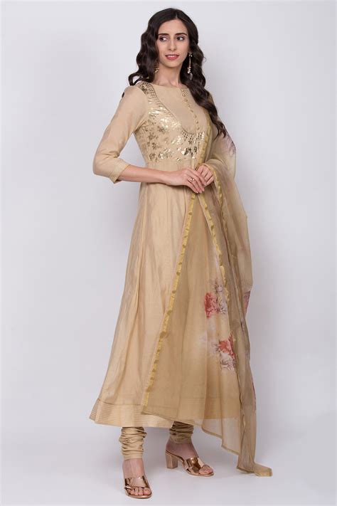 Buy Beige Poly Cotton Anarkali Kurta Churidar Suit Set Online at Biba India