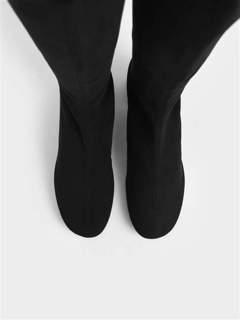 Black Textured Block Heel Knee Boots - Black Textured - Shoes - CHARLES ...
