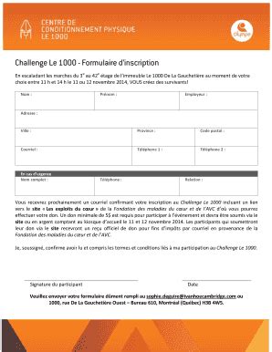 Fillable Online Challenge Le 1000 - Formulaire dinscription Fax Email ...