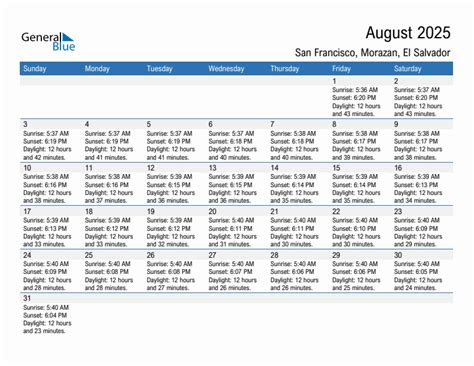 August 2025 Sunrise and Sunset Calendar for San Francisco, El Salvador ...