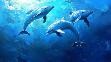 A abstract acrylic style ocean underwater scene featuring a school of ...