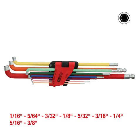 Küresel başlıklı Alyen açılı pim anahtarı, 108° açılı, 9 parça, inç ...