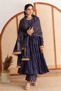 Buy Blue Kurta And Pant Cotton Printed Block Round Tiered Set For Women ...
