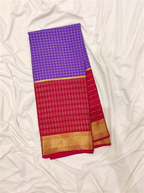 Lavender Checked Mysore Silk Saree with Magenta Pink Border