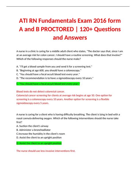 ATI RN Fundamentals Exam 2016 form A and B PROCTORED | 120+ Questions ...