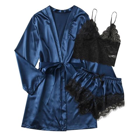 FAFWYP Women's 3Pcs Satin Silk Sleepwear Set, Floral Lace Trim V Neck ...