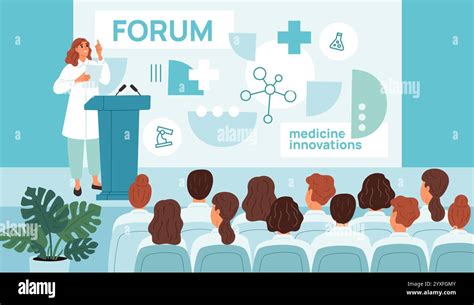 International medical forum. Doctor at tribune. Medicine innovation ...