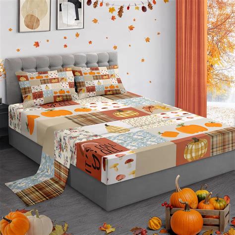 Amazon.com: Pamnest Queen Size Fall Bed Sheet Sets, Pumpkin Grid Square ...