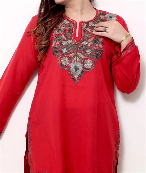 Red Base Aari Embroidered Cotton Short Kurti – Kashmir origin