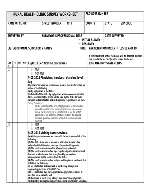 Rural Health Clinic Survey Worksheet - Blank Fillable Template | Fill ...