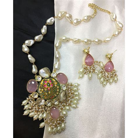ZF Collection Pota Stone And Mother of Pearl Designer Long Necklace Set ...