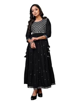 Buy rangita Black Rayon Ankle Length Embroidered Tiered Flared Kurti ...