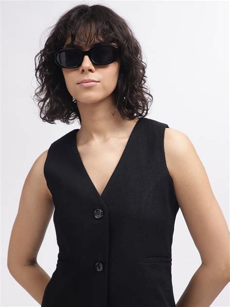 Shop Elle Women Black Solid V-Neck Sleeveless Waist Coat Online ...