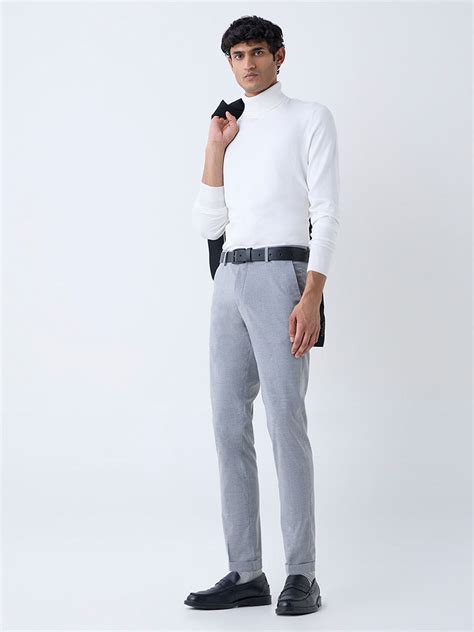 Buy WES Formals Grey Self-Striped Slim-Fit Mid-Rise Trousers from Westside