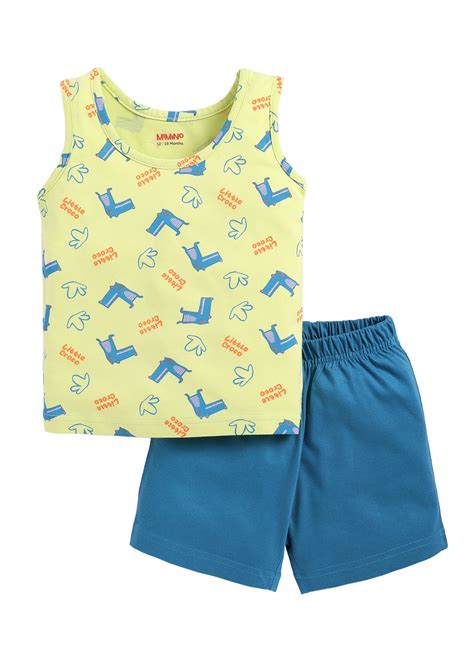 Boys Cotton Printed Yellow Sleeveless T-Shirt With Bottle Green Shorts ...