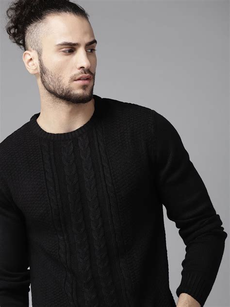 The Roadster Lifestyle Co Men Black Solid Cable Knit Pullover - Price ...