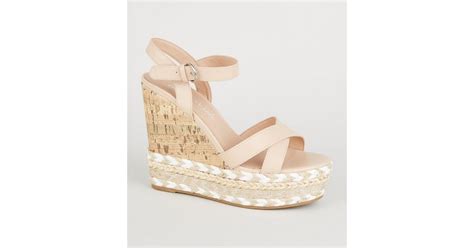 Nude Chevron Trim Platform Cork Wedges | New Look