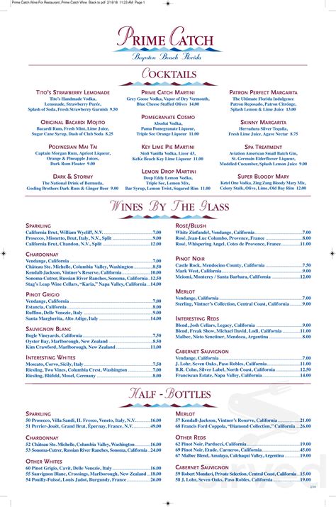 prime catch menu in Boynton Beach, Florida, USA