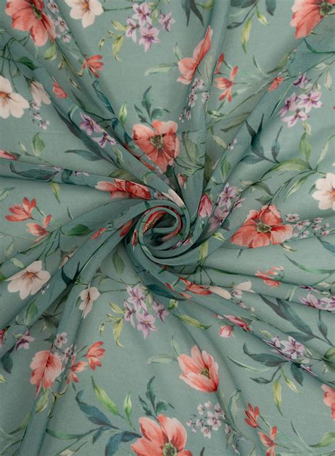 Pure Georgette Mint Green And Orange Color Floral Digital Print Fabric ...